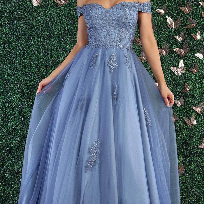 Vestido de noche con hombros descubiertos y adornos florales MQ1866