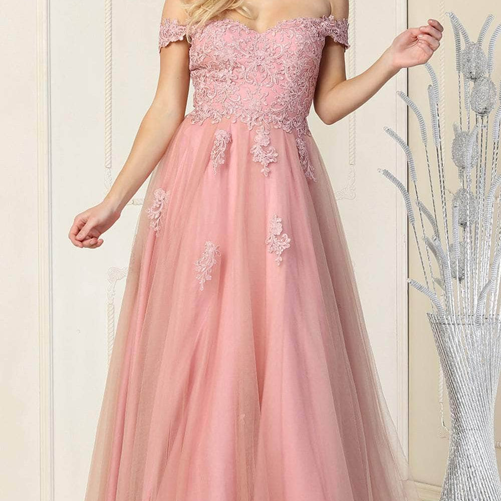 Vestido de noche con hombros descubiertos y adornos florales MQ1866