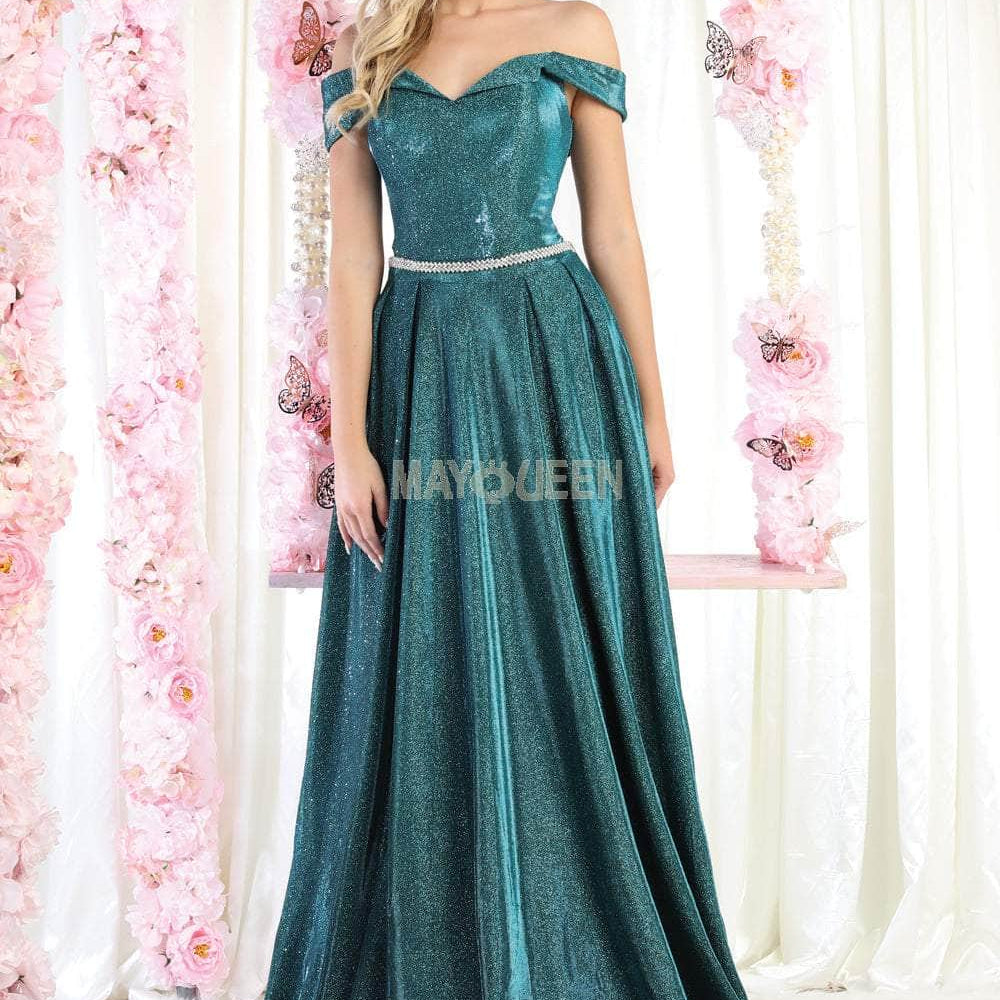 Vestido de fiesta con hombros descubiertos y purpurina MQ1876B