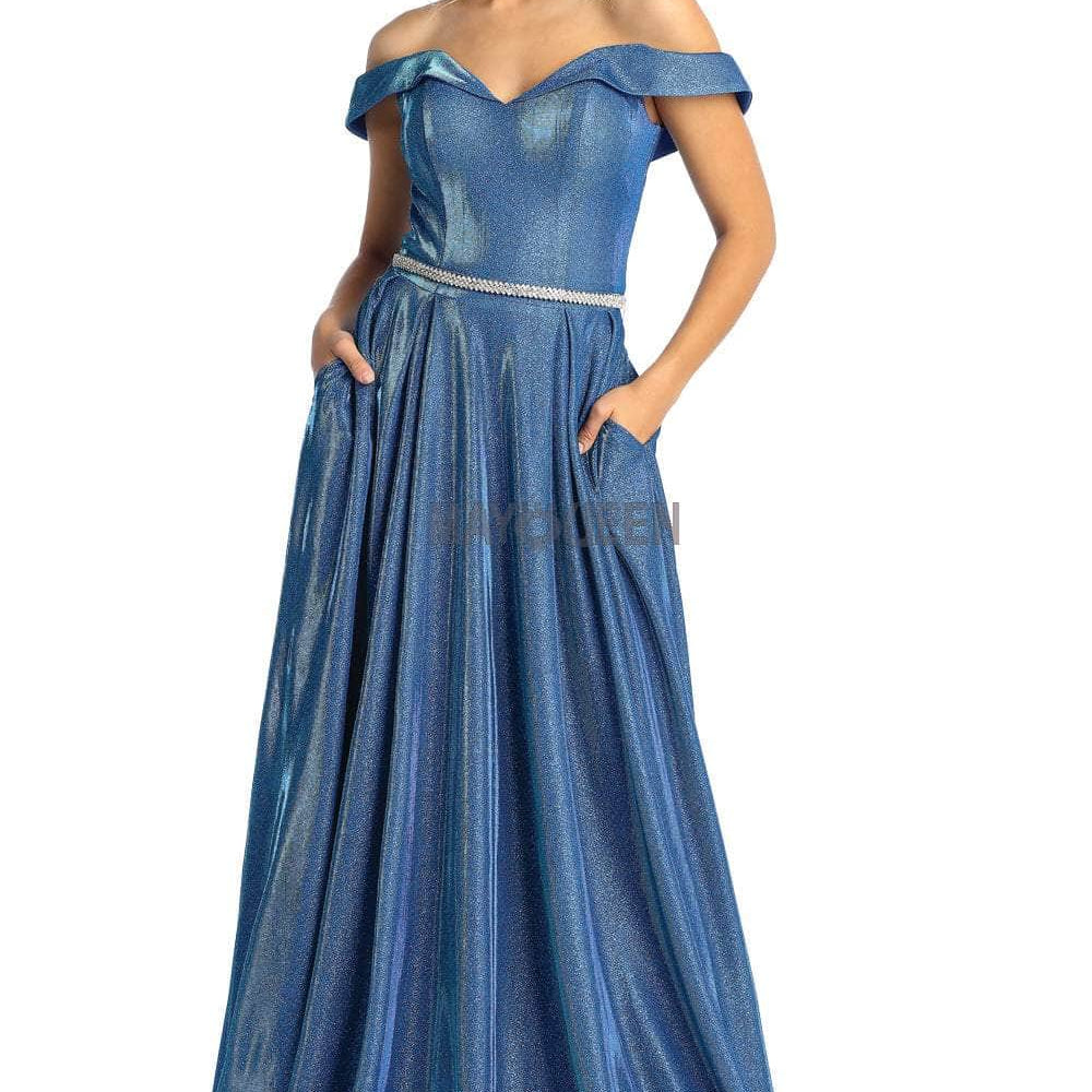 Vestido de fiesta con hombros descubiertos y purpurina MQ1876B