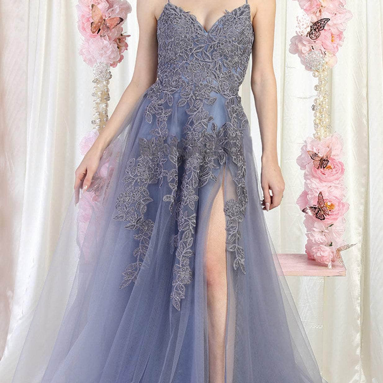 Vestido de fiesta de tul con apliques MQ2013