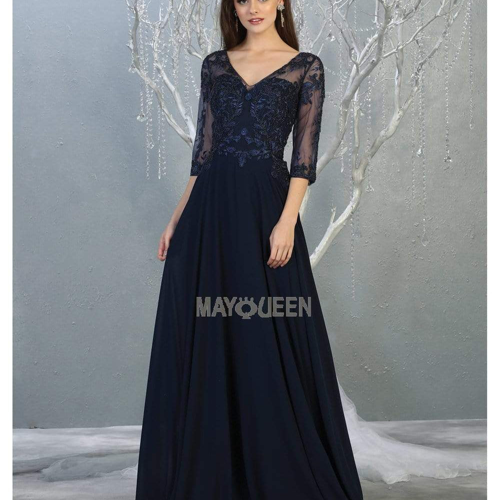 Vestido línea A con cuello en V adornado con abalorios RQ7820