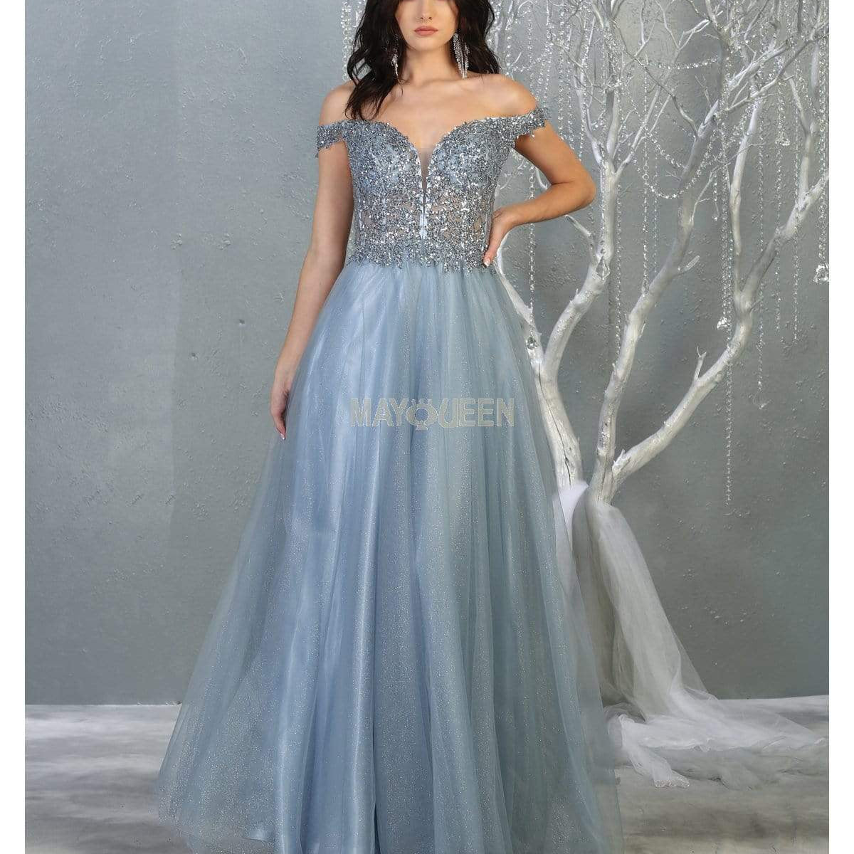 Vestido de noche hombros descubiertos con adornos RQ7864