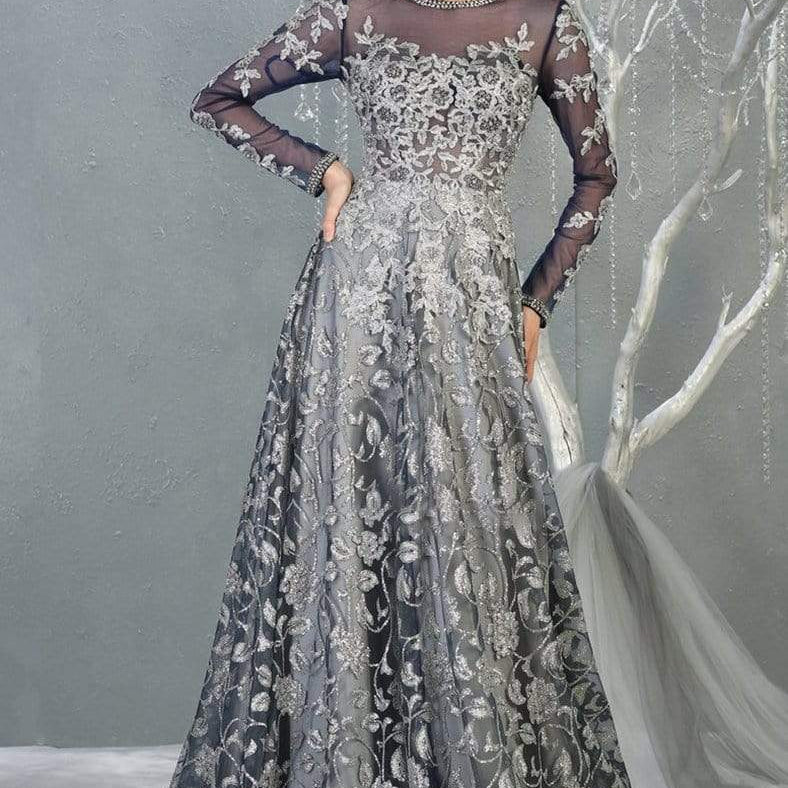 Vestido bordado de manga larga en línea A RQ7875