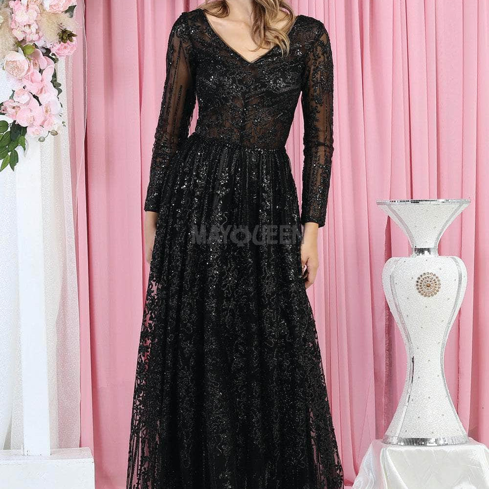 Vestido de manga larga en línea A con corpiño adornado y transparencias RQ7920