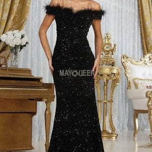 Vestido de fiesta con hombros descubiertos y plumas RQ7992