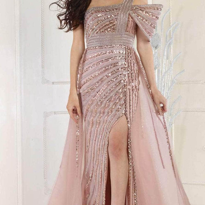 Vestido de gala con sobrefalda y un hombro RQ8022