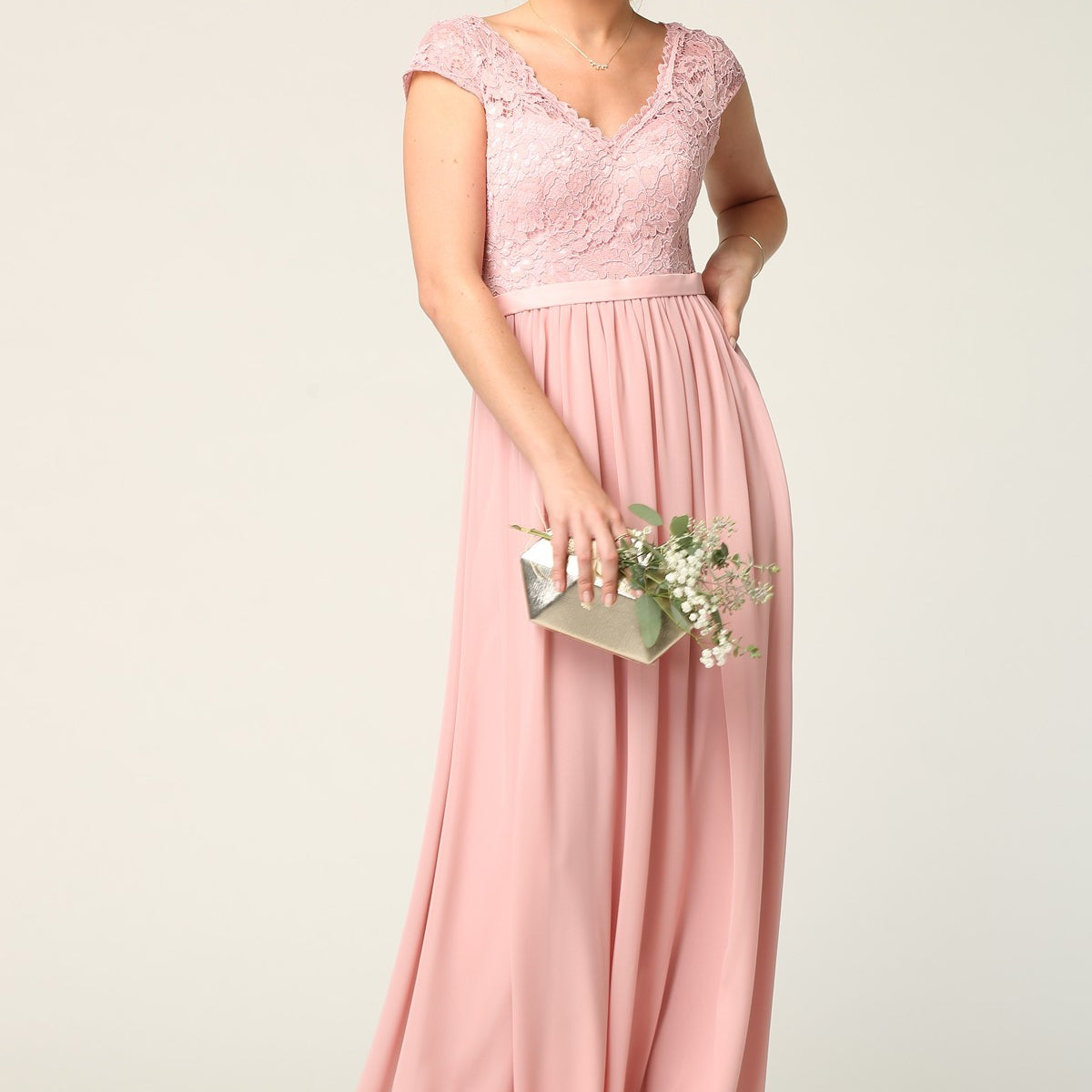 Vestido de encaje y gasa con mangas casquillo EVA 3161