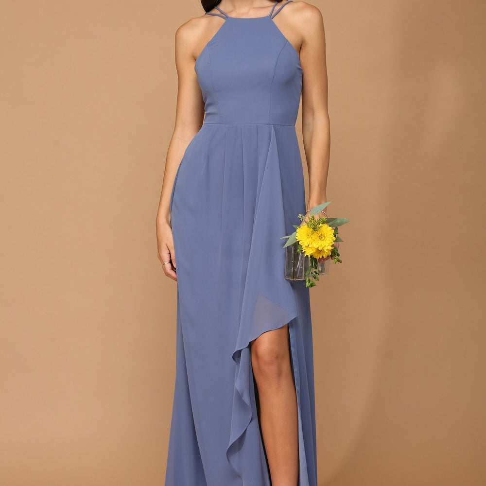 Vestido de gasa con escote halter, detalles de volantes y abertura frontal EVA 3440