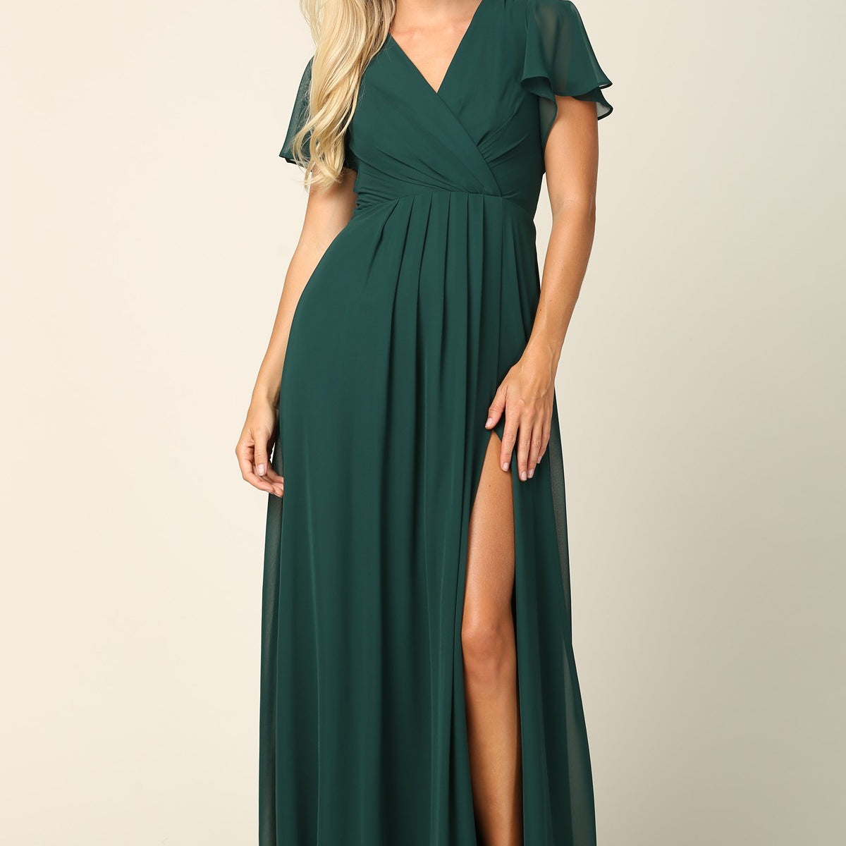 Vestido de gasa con cintura imperio, manga corta fluida y abertura frontal EVA 3413