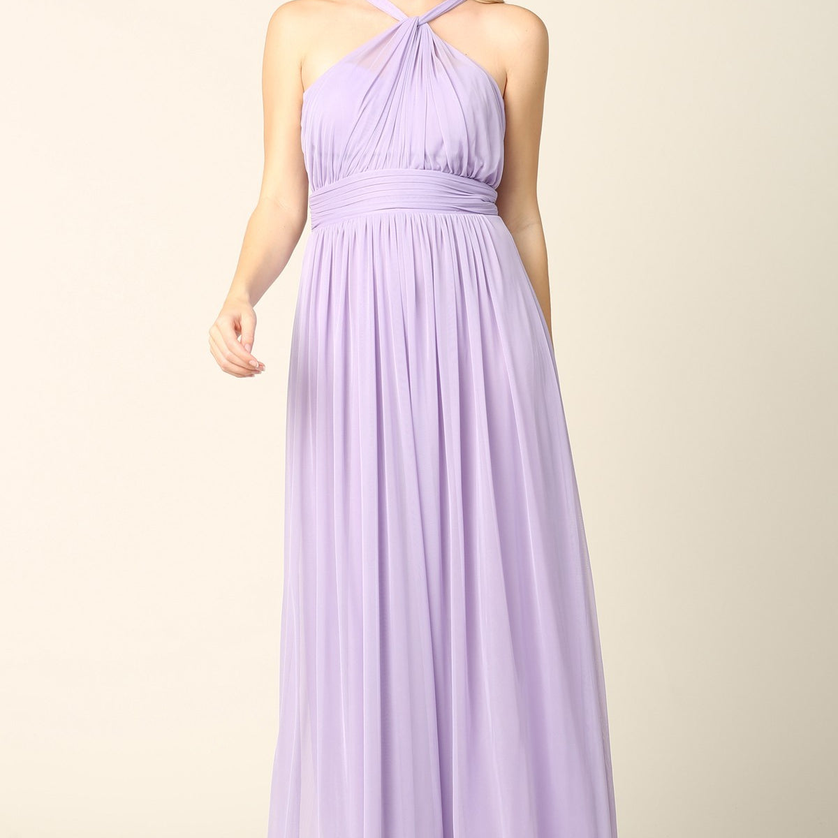 Vestido de gasa elástica con escote halter y cintura plisada EVA 3206