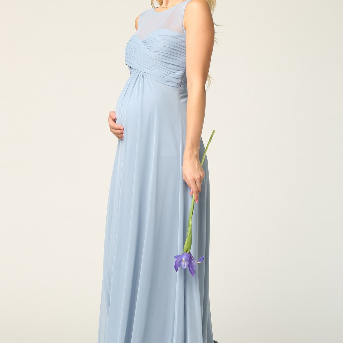 Vestido de gasa elástica sin mangas con detalles plisados y cintura imperio, opción premamá EVA 3153