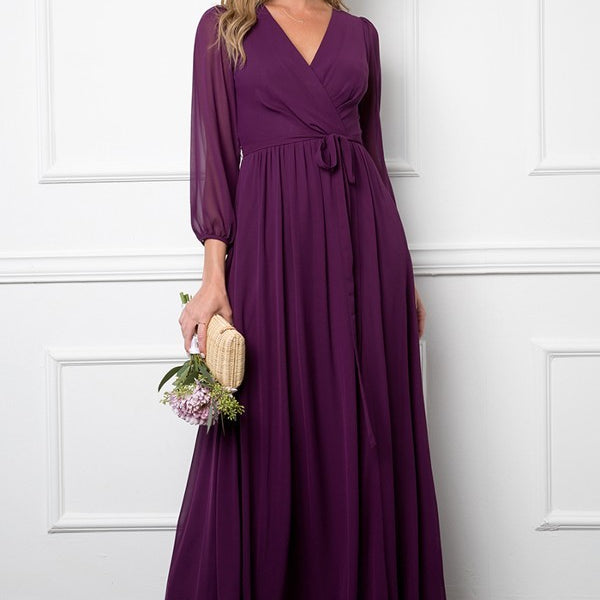 Vestido de gasa con manga globo, abertura frontal y bolsillos EVA 3410