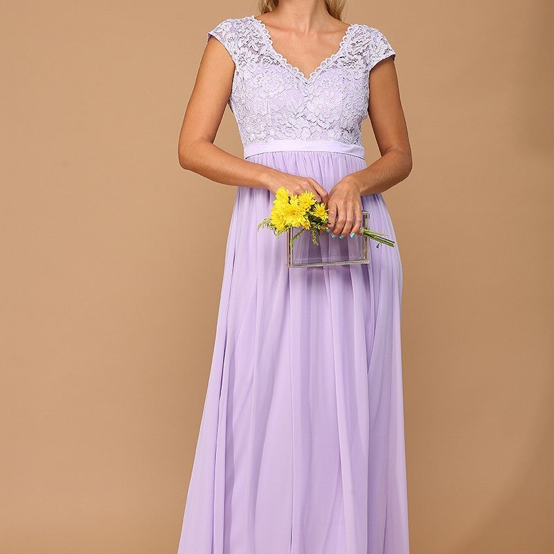 Vestido de encaje y gasa con mangas casquillo EVA 3161