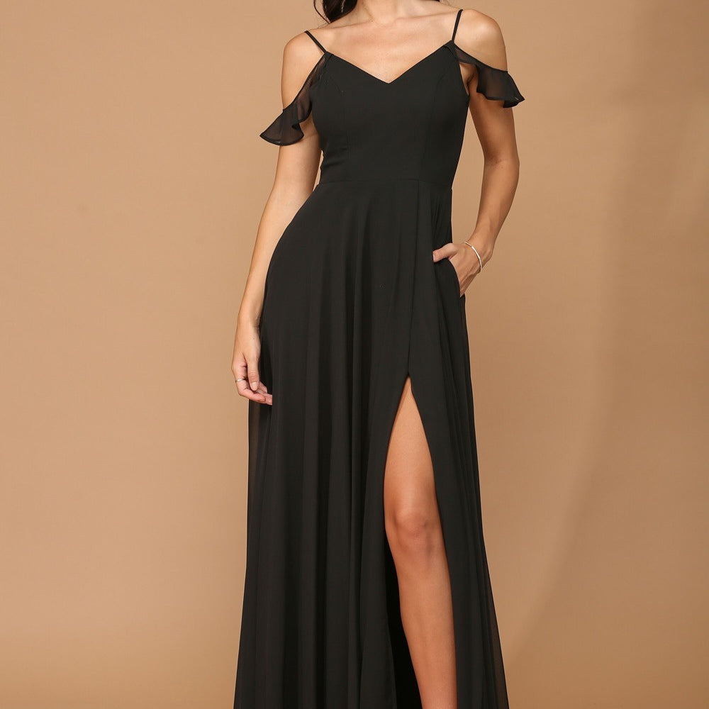 Vestido de gasa con manga volante, abertura frontal y bolsillos EVA 3447