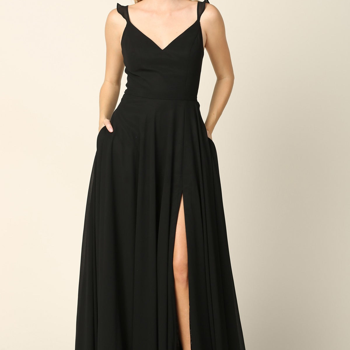 Vestido sin mangas de gasa con tirantes de gasa con volantes, abertura delantera y bolsillos EVA 3405