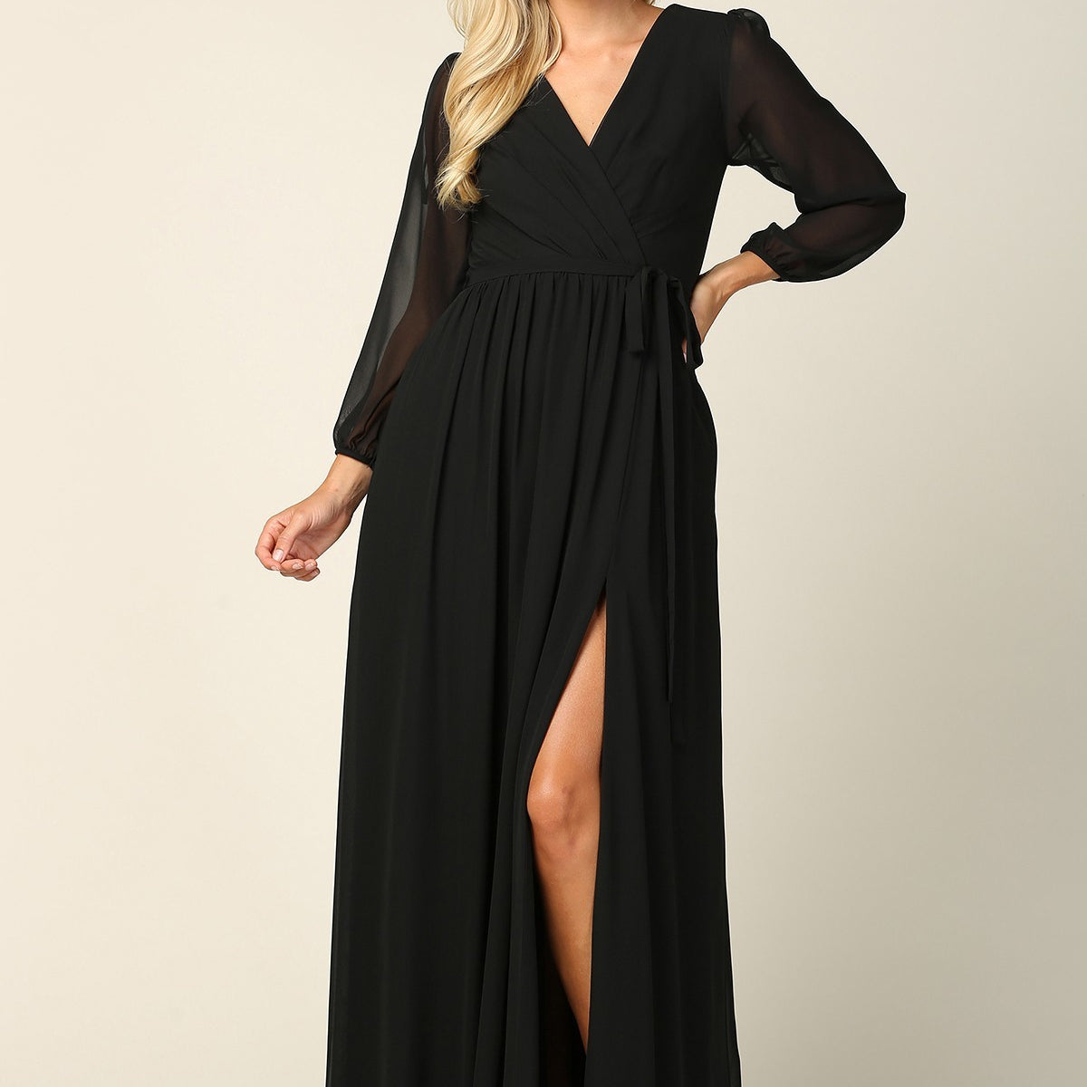 Vestido de gasa con manga globo, abertura frontal y bolsillos EVA 3410