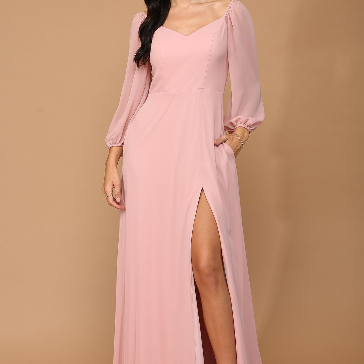 Vestido de gasa manga globo con abertura frontal y bolsillos EVA 3452