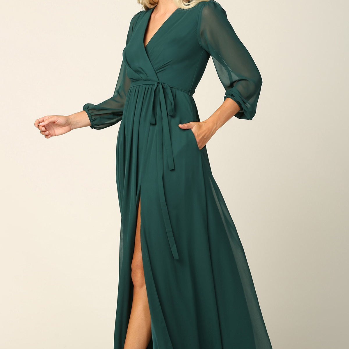 Vestido de gasa con manga globo, abertura frontal y bolsillos EVA 3410