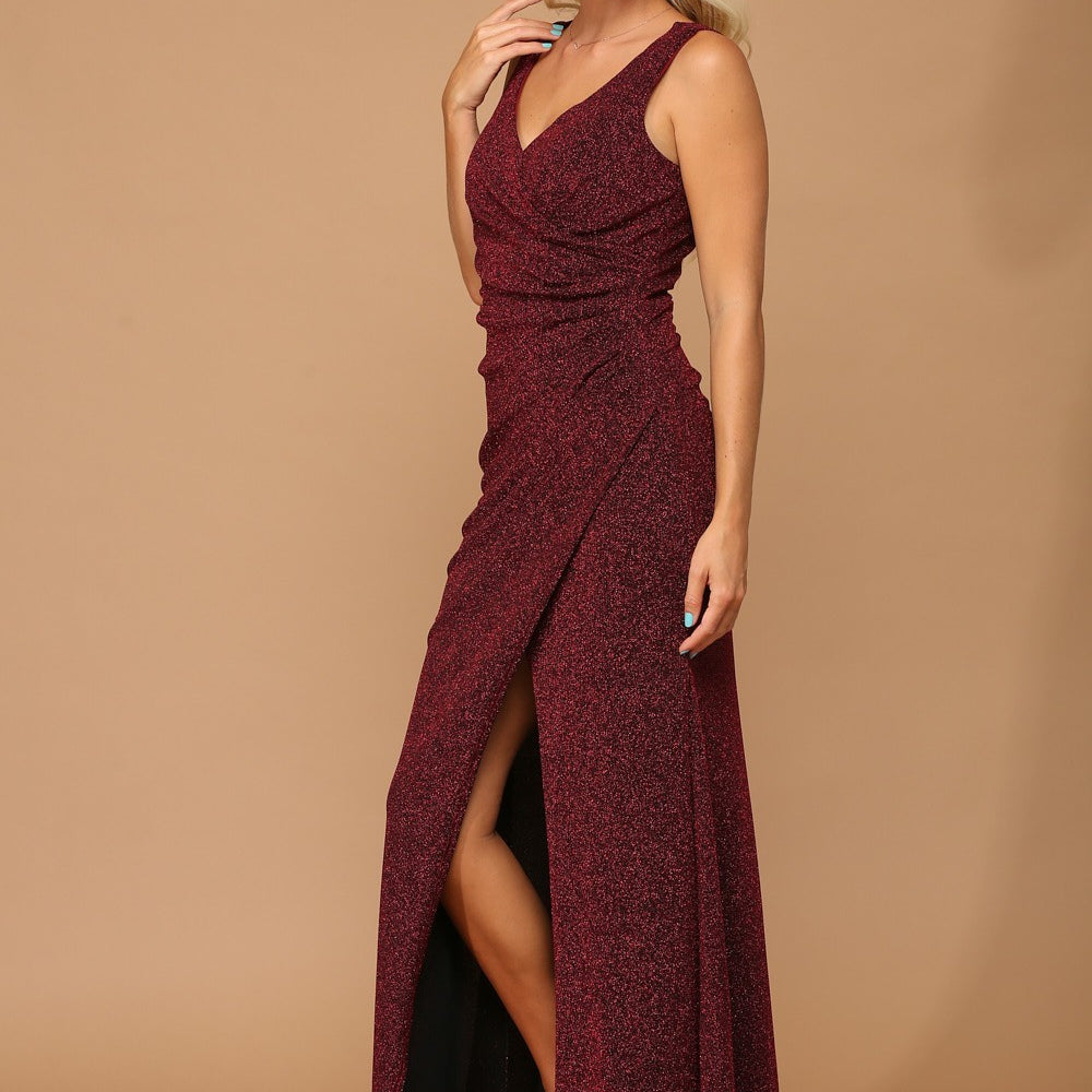 Vestido sin mangas de punto metalizado elástico con abertura frontal EVA 3436