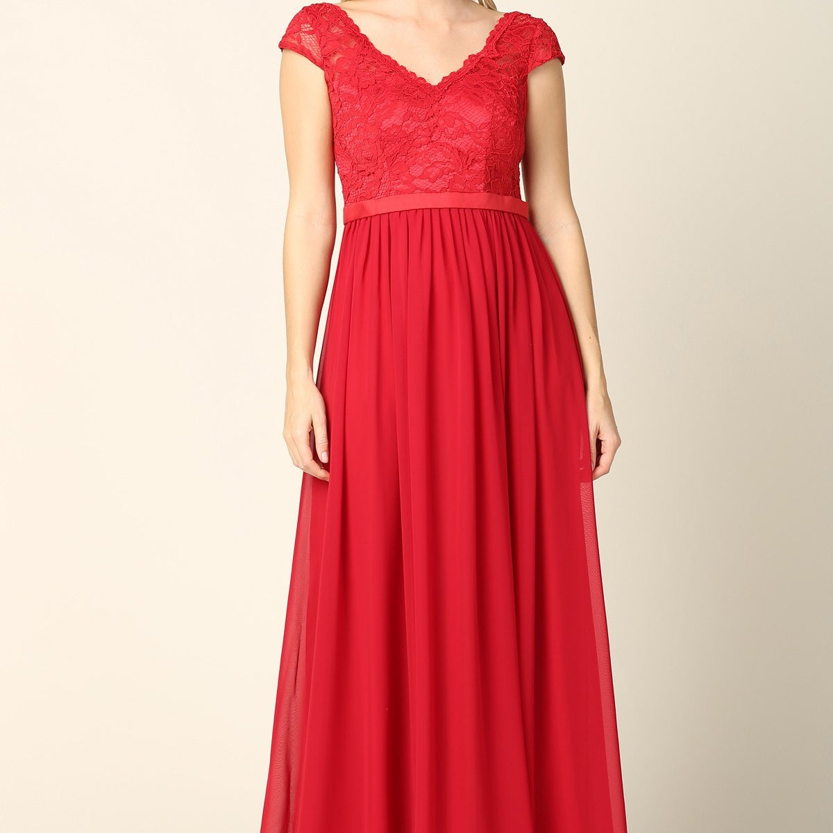 Vestido de encaje y gasa con mangas casquillo EVA 3161