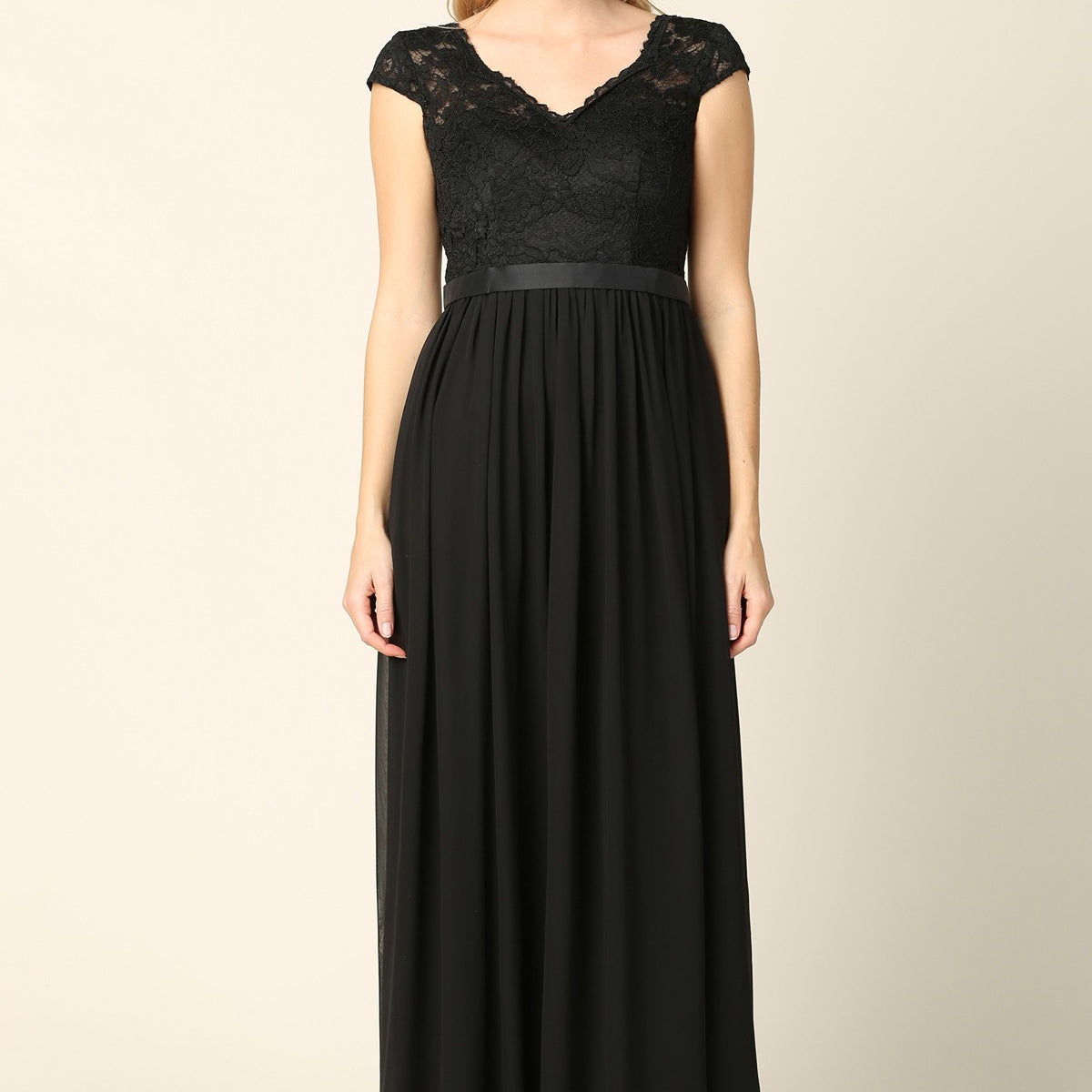 Vestido de encaje y gasa con mangas casquillo EVA 3161