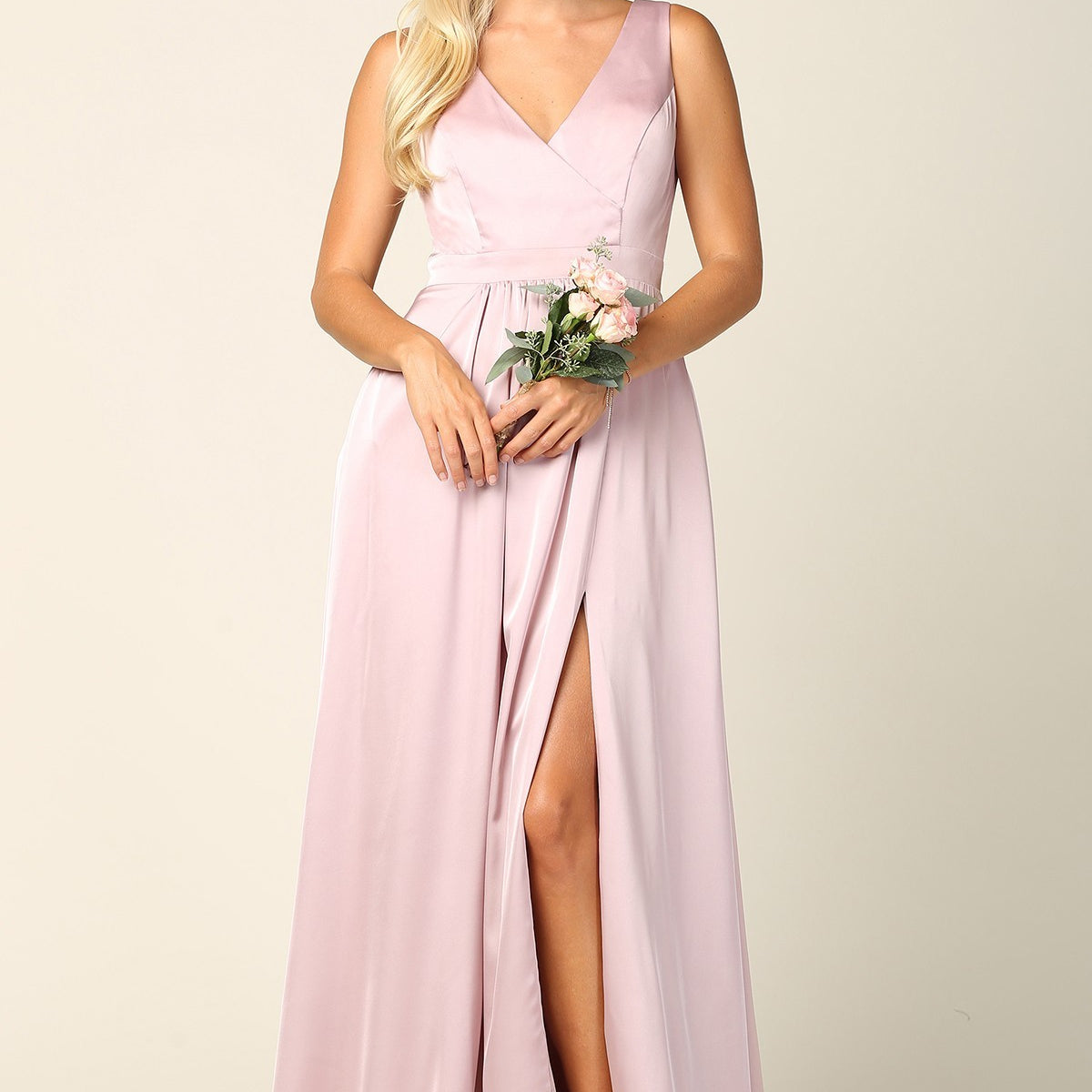 Vestido de gasa satinada sin mangas con escote en V, abertura frontal y bolsillos EVA 3423