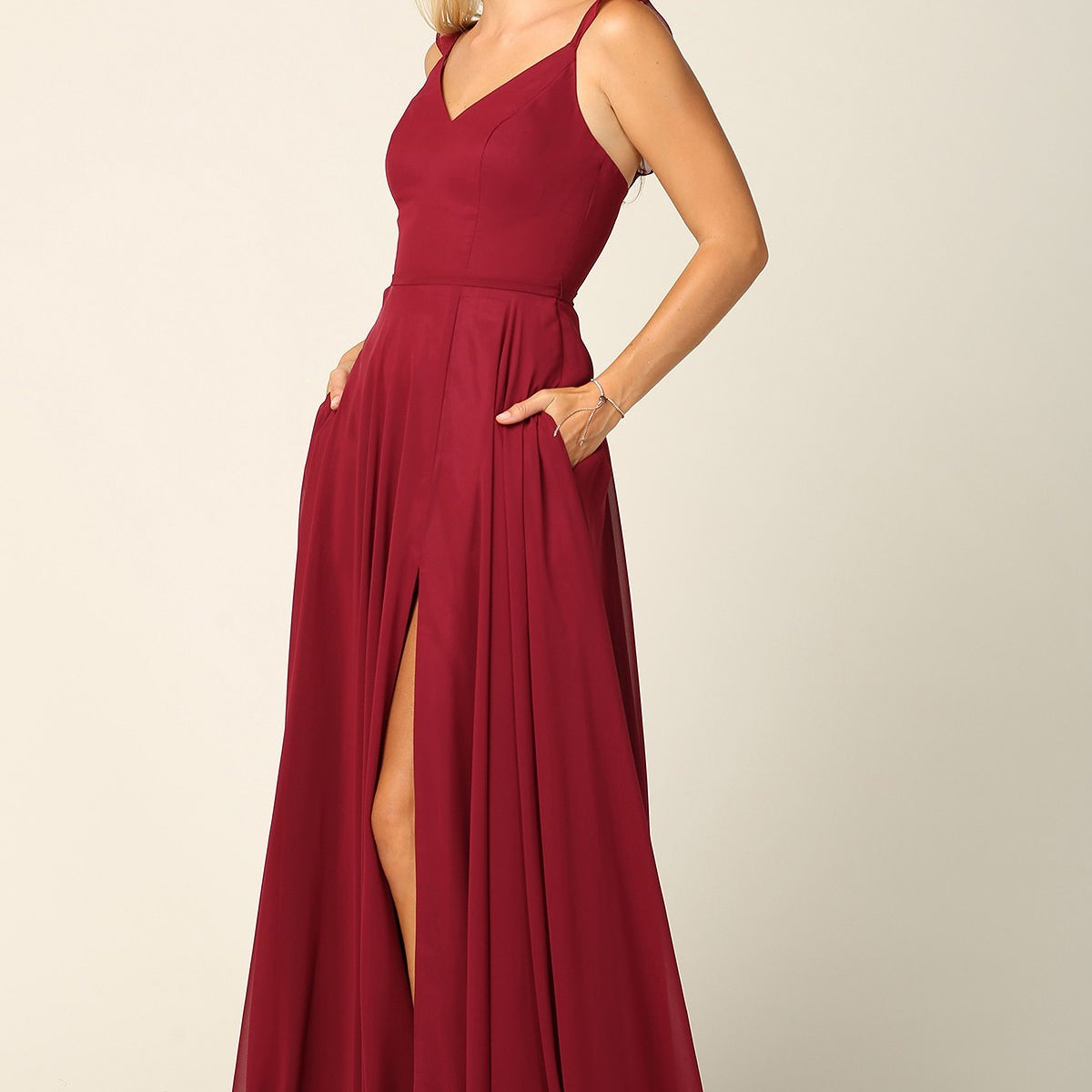 Vestido sin mangas de gasa con tirantes de gasa con volantes, abertura delantera y bolsillos EVA 3405