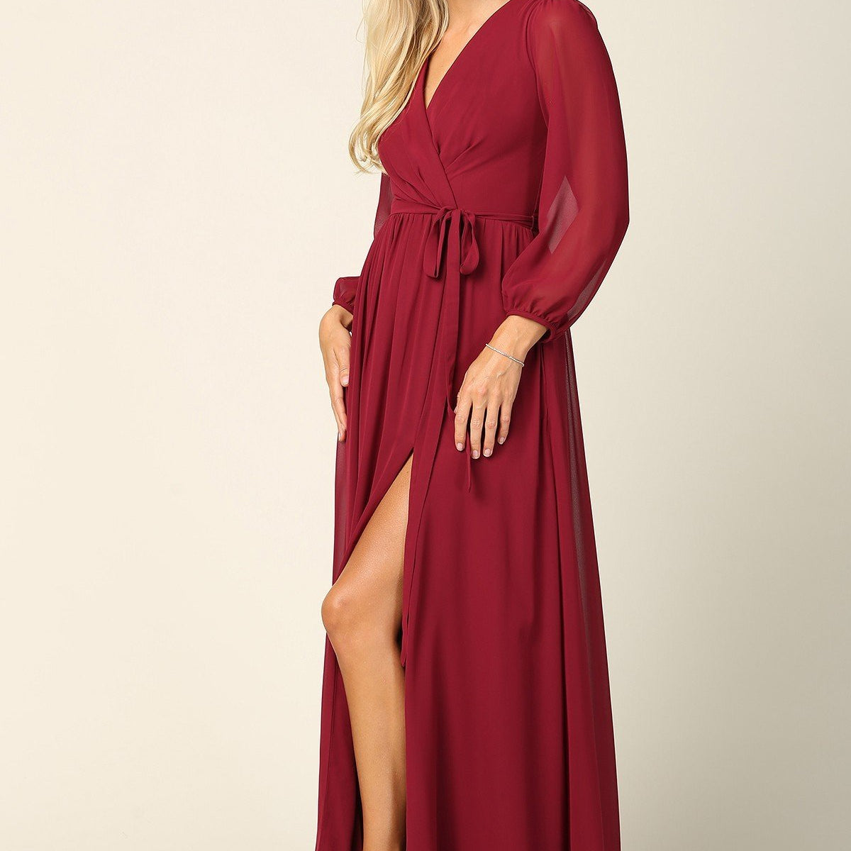 Vestido de gasa con manga globo, abertura frontal y bolsillos EVA 3410