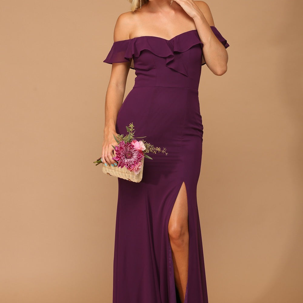 Vestido de gasa con volantes en los hombros y abertura frontal EVA 3438