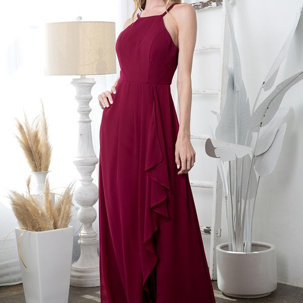 Vestido de gasa con escote halter, detalles de volantes y abertura frontal EVA 3440