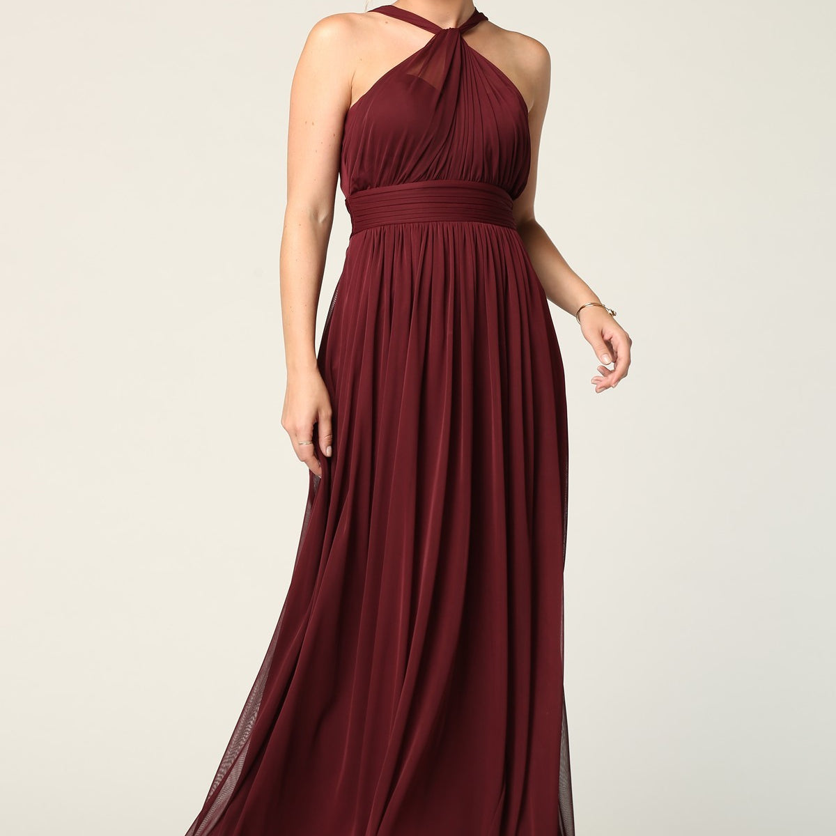 Vestido de gasa elástica con escote halter y cintura plisada EVA 3206