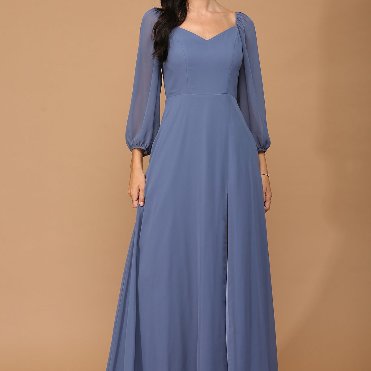 Vestido de gasa manga globo con abertura frontal y bolsillos EVA 3452