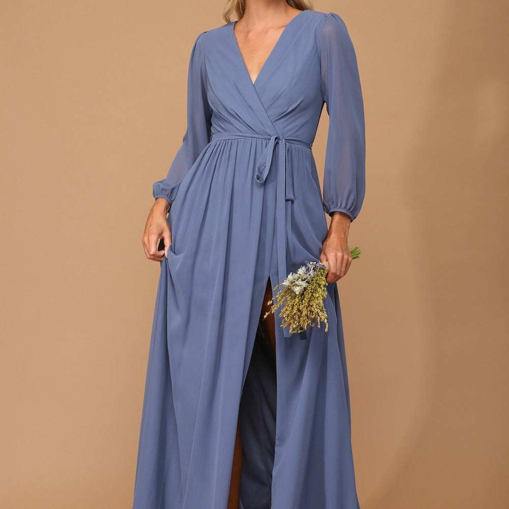 Vestido de gasa con manga globo, abertura frontal y bolsillos EVA 3410