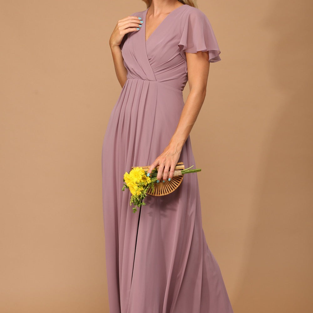 Vestido de gasa con cintura imperio, manga corta fluida y abertura frontal EVA 3413