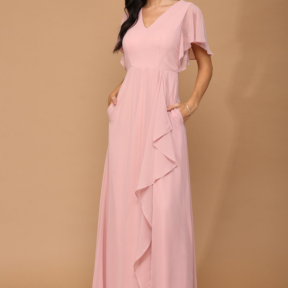 Vestido de gasa con escote en pico y manga alada, detalles de volantes, abertura frontal y bolsillos EVA 3442