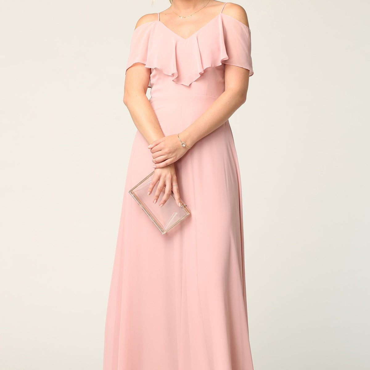 Vestido de dama de honor de gasa con hombros fríos y largo hasta el suelo EVA 3263