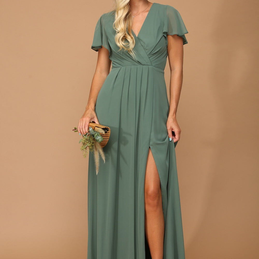 Vestido de gasa con cintura imperio, manga corta fluida y abertura frontal EVA 3413