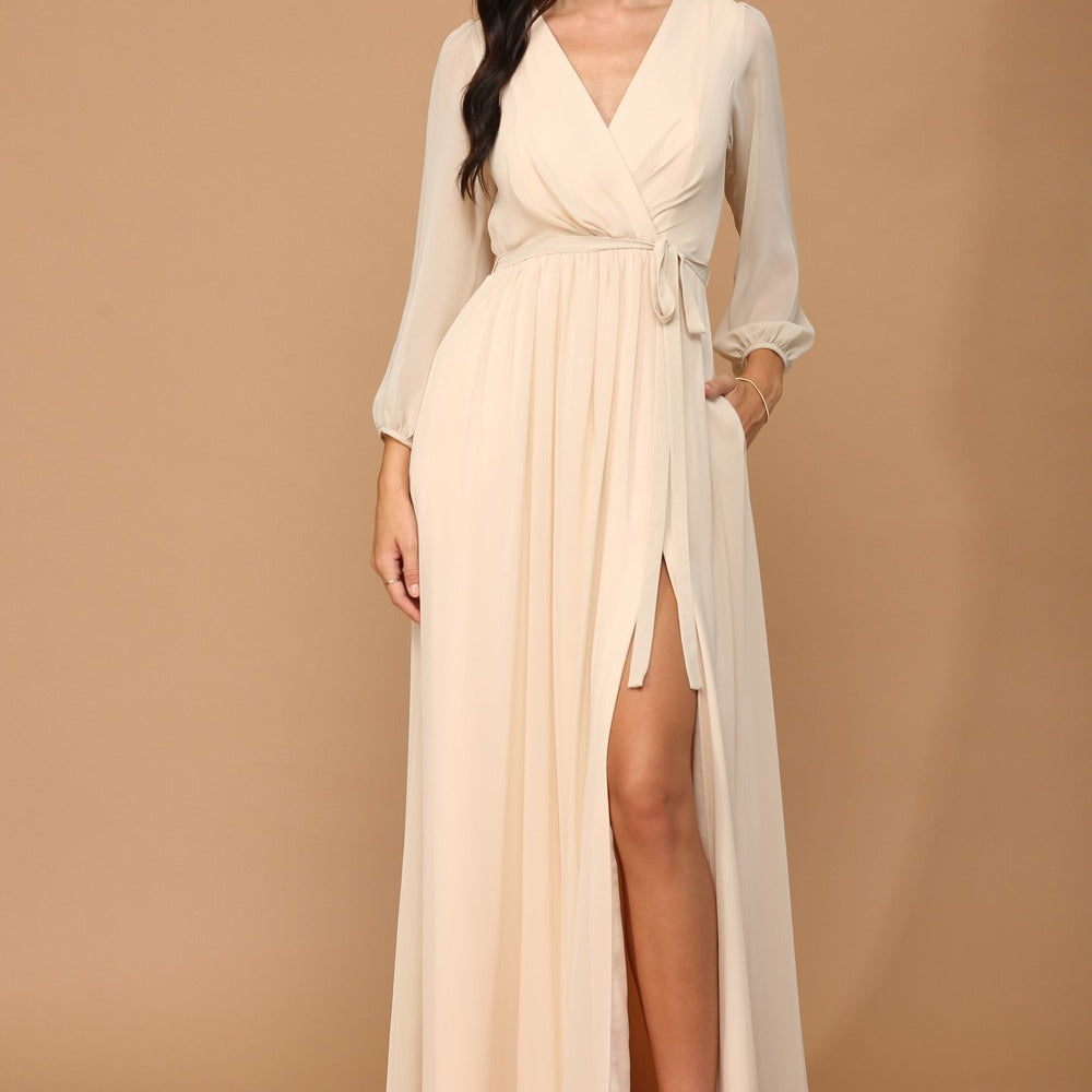 Vestido de gasa con manga globo, abertura frontal y bolsillos EVA 3410