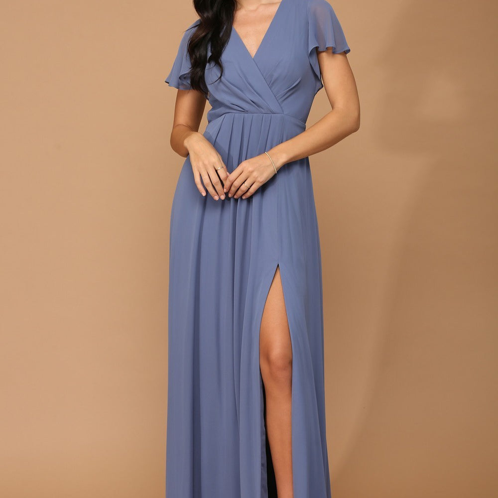 Vestido de gasa con cintura imperio, manga corta fluida y abertura frontal EVA 3413