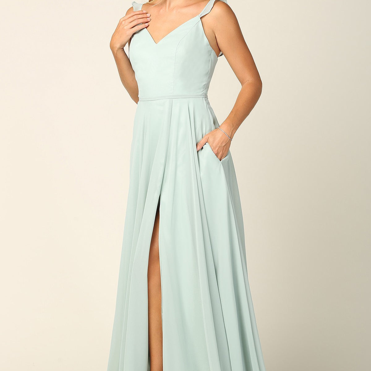 Vestido sin mangas de gasa con tirantes de gasa con volantes, abertura delantera y bolsillos EVA 3405