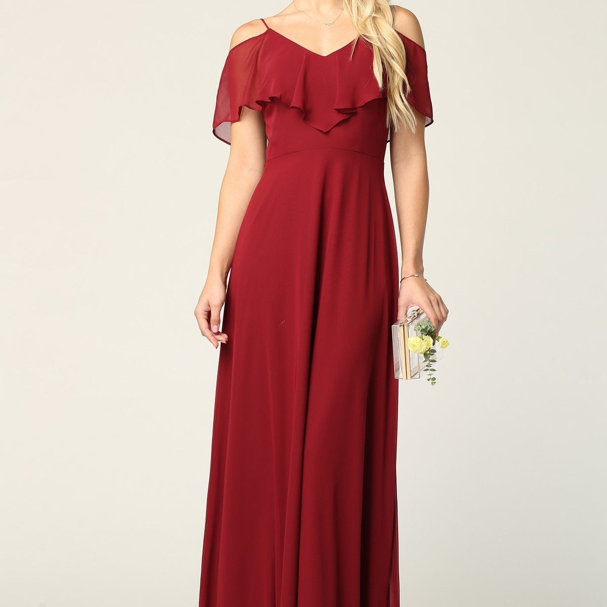 Vestido de dama de honor de gasa con hombros fríos y largo hasta el suelo EVA 3263