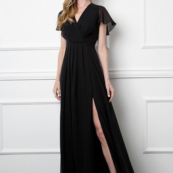 Vestido de gasa con cintura imperio, manga corta fluida y abertura frontal EVA 3413