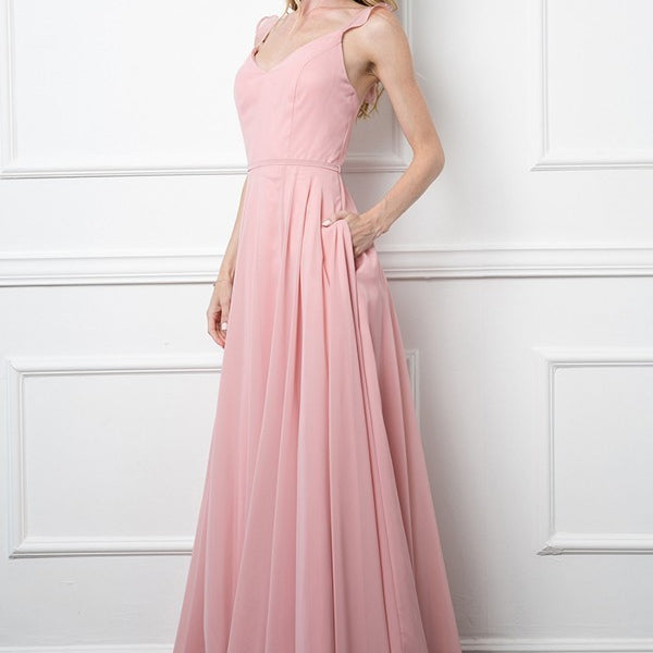 Vestido sin mangas de gasa con tirantes de gasa con volantes, abertura delantera y bolsillos EVA 3405