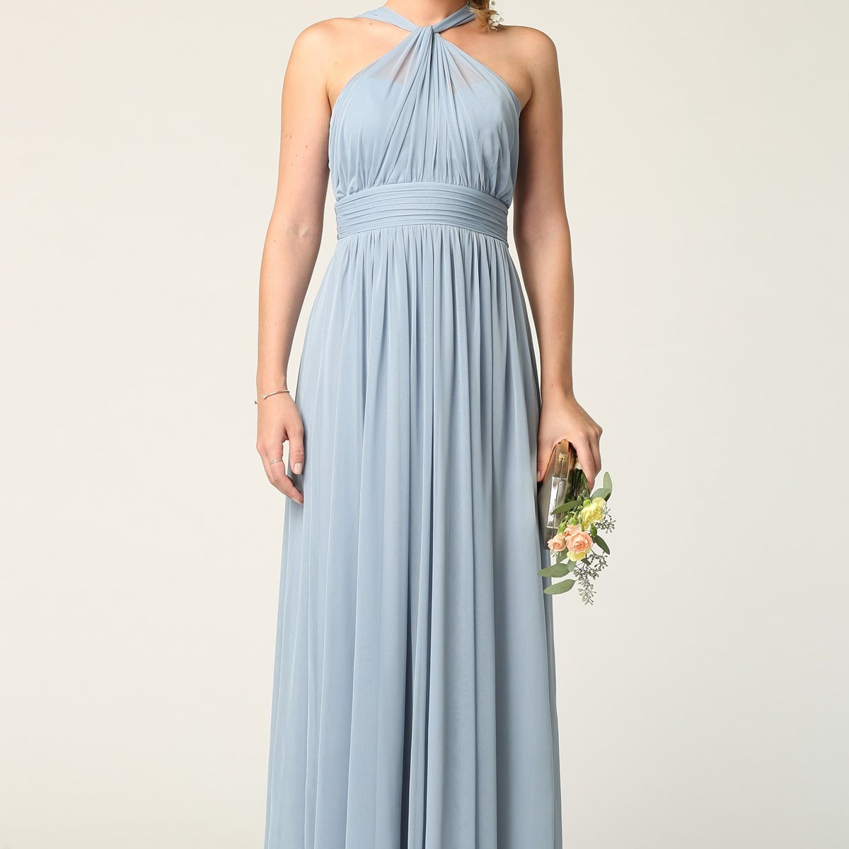 Vestido de gasa elástica con escote halter y cintura plisada EVA 3206