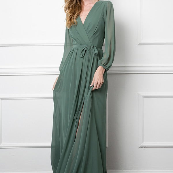 Vestido de gasa con manga globo, abertura frontal y bolsillos EVA 3410