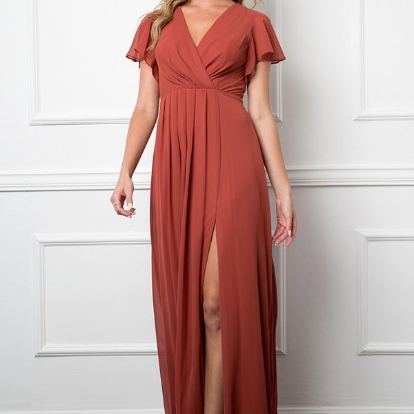 Vestido de gasa con cintura imperio, manga corta fluida y abertura frontal EVA 3413