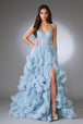 Vestido de fiesta sin tirantes con volantes y aberturas, Amelia Couture AC0019