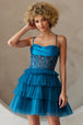 Vestido corto con volantes y sin mangas con pedrería de Amelia Couture BZ9023S