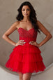 Vestido corto de tirantes con cuentas y volantes de Amelia Couture BZ9999S